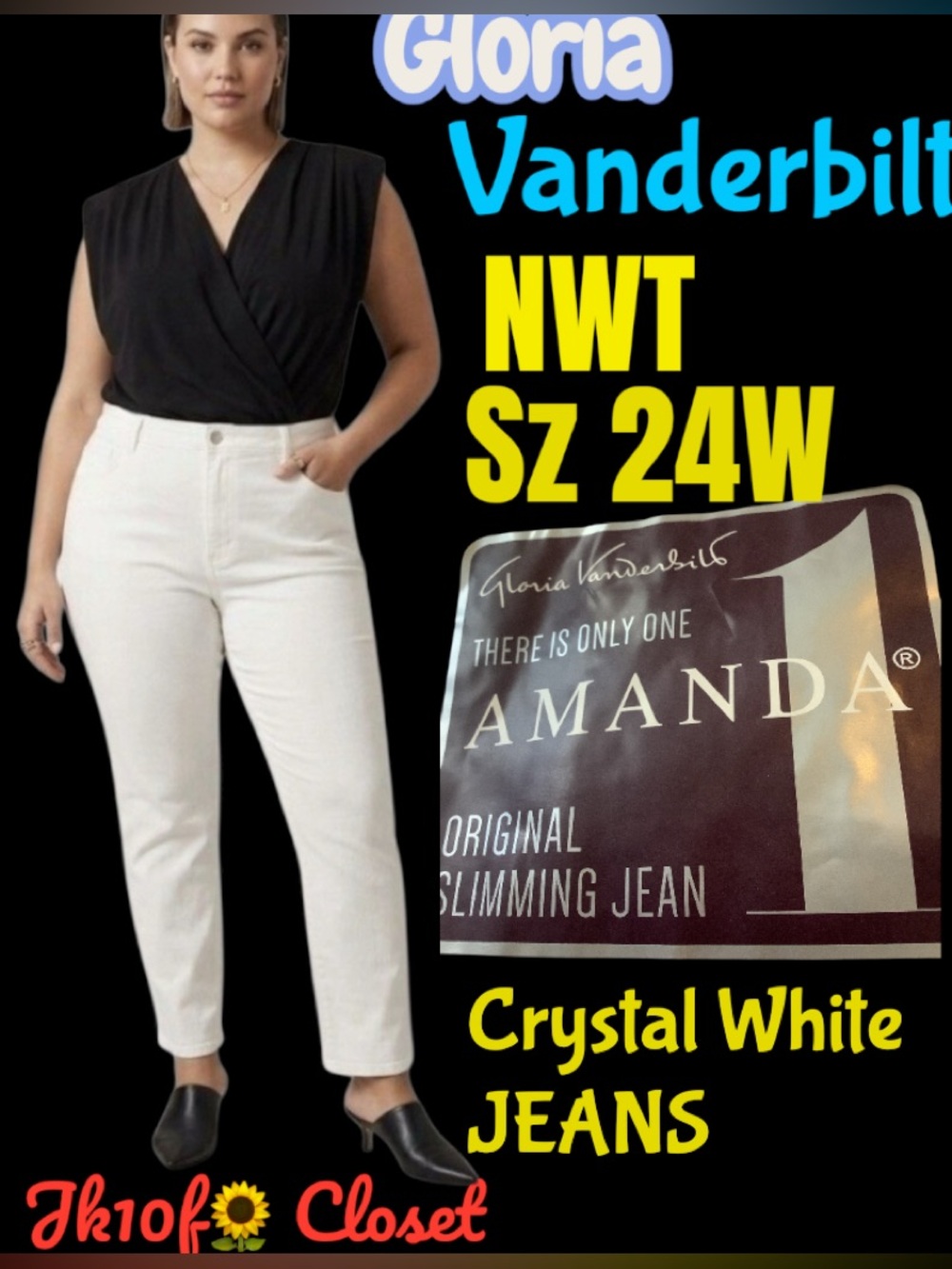 LOWEST🌺 NWT Gloria Vanderbilt Sz24W AMANDA CRYSTAL WHITE DENIM SLIMMING JEANS